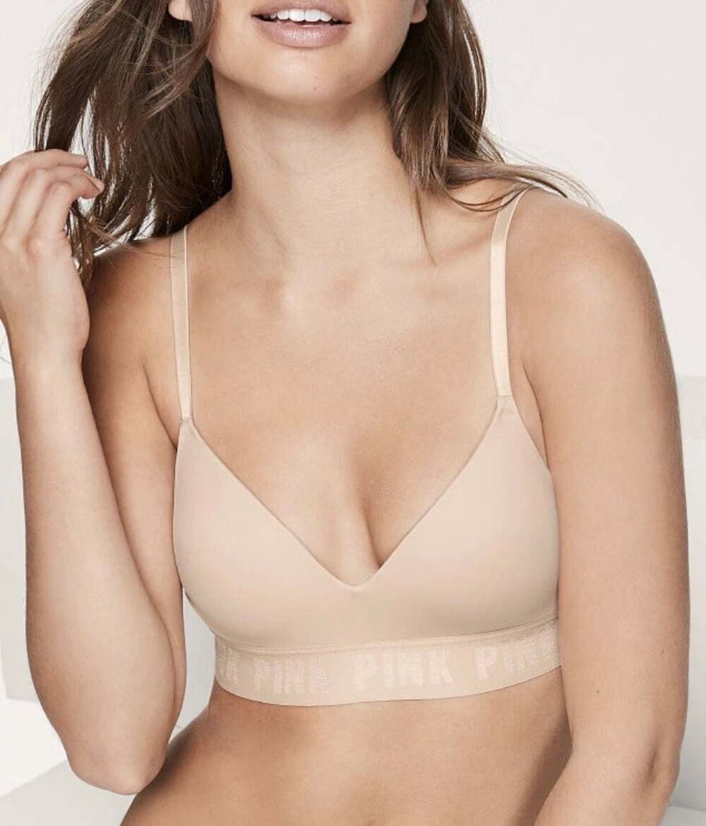 Victoria's Secret PINK Wear Everywhere Wireless Bra 36D Logo Band Nude